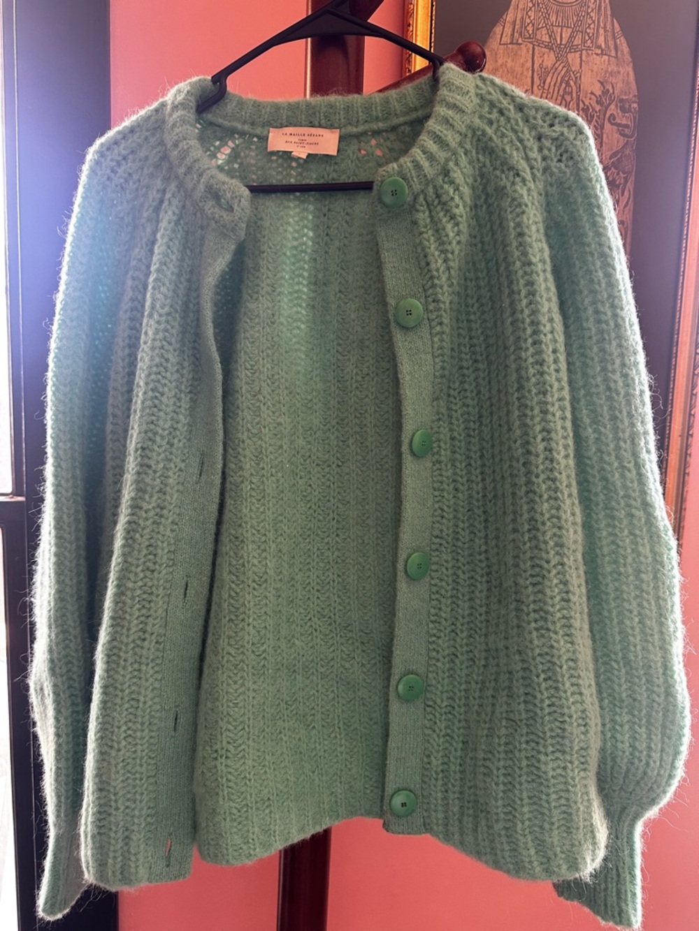 Sezane Emile Mint Green Fuzzy Button Cardigan - Picture 3 of 8